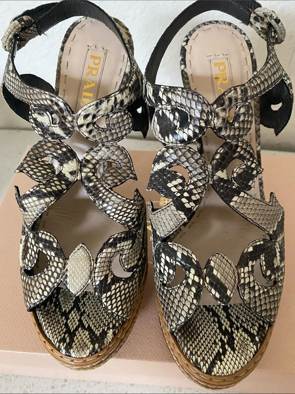 Prada Black and Cream Snakeskin-Effect Platform Heels